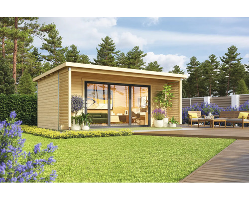 Gartenhaus Outdoor Life Liverpool 3 inkl. Fußboden, Terrasse 580 x 430 cm natur Modernes Gartenhaus mit Schiebetür und Terrasse im Garten