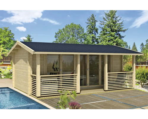 Abri de jardin Outdoor Life Lyndhurst avec plancher, terrasse 610 x 460 cm nature Maison de jardin en bois avec terrasse à côté d''une piscine