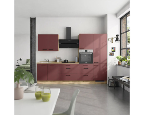 Bloc cuisine complète NOBILIA Urban 300 cm façade rouge rouille mate, corps chêne sierra variante à droite monté