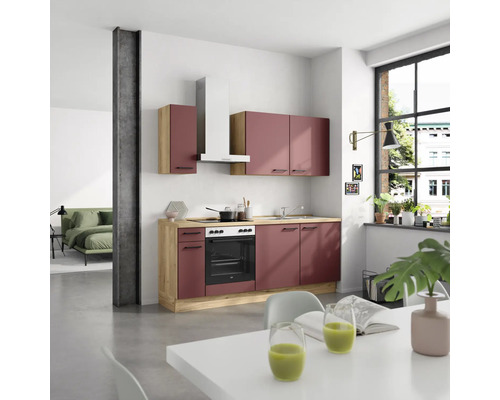 Bloc cuisine complète NOBILIA Urban 210 cm façade rouge rouille mate, corps chêne sierra variante à gauche monté