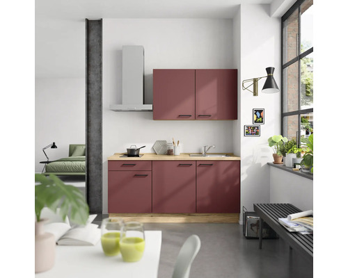 Bloc cuisine complète NOBILIA Urban 180 cm façade rouge rouille mate, corps chêne sierra variante à gauche monté