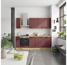Cuisine moderne avec armoires bordeaux, plan de travail en bois et hotte aspirante dans un appartement lumineux.