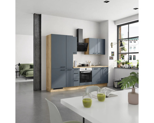 NOBILIA Küchenzeile mit Geräten Urban 270 cm fjordblau matt montiert Variante links