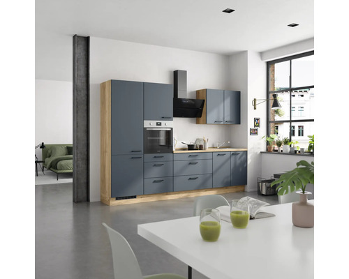NOBILIA Küchenzeile mit Geräten Urban 300 cm fjordblau matt montiert Variante links