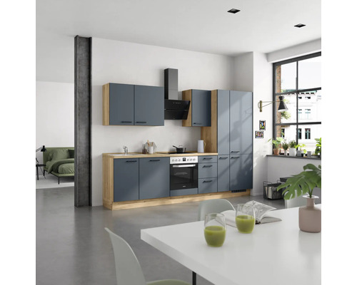 Cuisine complète avec éléments hauts et bas, hotte aspirante et cuisinière électrique au design moderne