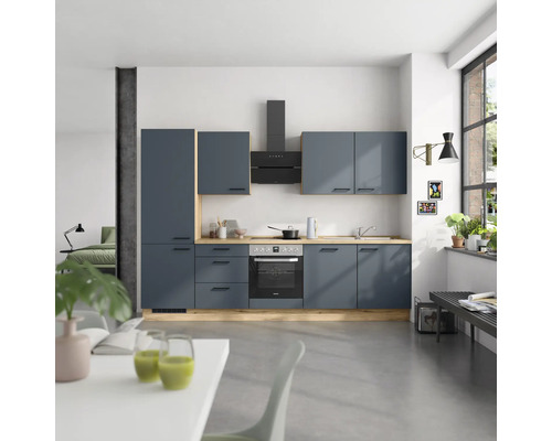 NOBILIA Küchenzeile mit Geräten Urban 300 cm fjordblau matt montiert Variante links
