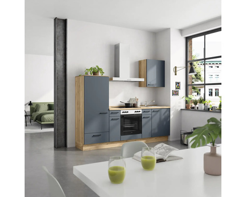 NOBILIA Küchenzeile mit Geräten Urban 240 cm fjordblau matt montiert Variante links
