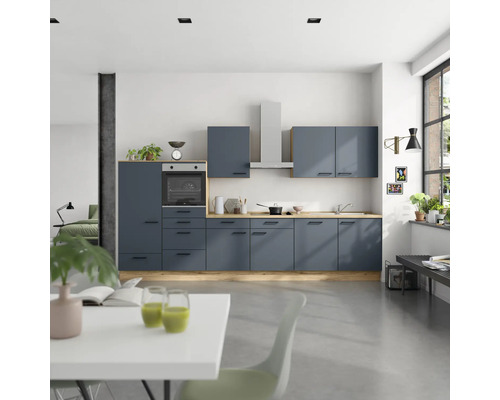 NOBILIA Küchenzeile mit Geräten Urban 360 cm fjordblau matt montiert Variante links