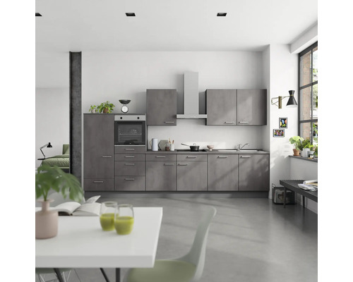 NOBILIA Küchenzeile mit Geräten Industrial 360 cm beton schiefergrau matt montiert Variante links