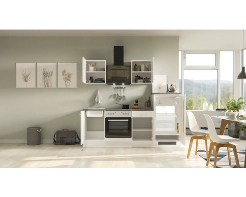 Komplette Küchenzeile mit Spüle, Herd, Backofen, Dunstabzugshaube und Kühlschrank in einer hellen Küche.