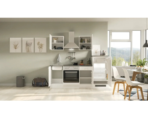 Kompakte Küchenzeile mit Spüle, Herd, Backofen, Dunstabzugshaube und Kühlschrank in einer hellen, modernen Küche.