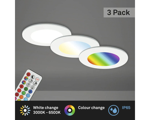 Set d'éclairages encastrés LED à intensité lumineuse variable 3 pces 4,8W 450 lm 3000-6500 K CCT RGB IP65 blanc Ø 92/68 mm 230V 3 pièces avec télécommande, fonction mémoire, fonction veilleuse, fonction minuterie