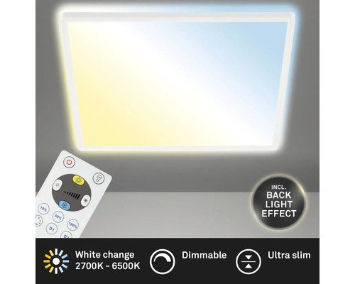 Plafonnier LED CCT à intensité lumineuse variable 22W 3000 lm 3000/4000/6000 K blanc chaud-blanc lumière du jour hxLxp 29x420x420 mm blanc avec rétroéclairage + télécommande