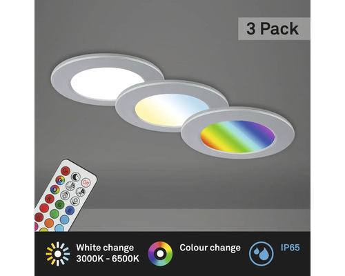 Set d'éclairages encastrés LED à intensité lumineuse variable 3 pces 4,8W 450 lm 3000-6500 K CCT RGB IP65 chrome-mat Ø 92/68 mm 230V 3 pièces avec télécommande, fonction mémoire, fonction veilleuse, fonction minuterie