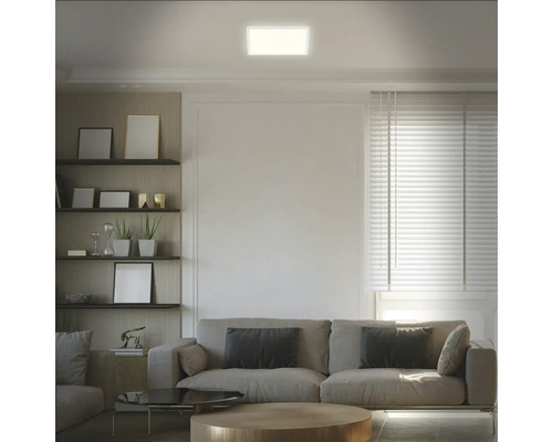 Wohnzimmer mit Sofa, Regalen und quadratischer Deckenleuchte