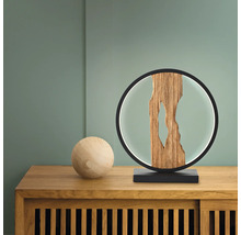 Dekorative Tischleuchte mit Holzdekor und kreisförmigem Design auf einem Holzschrank