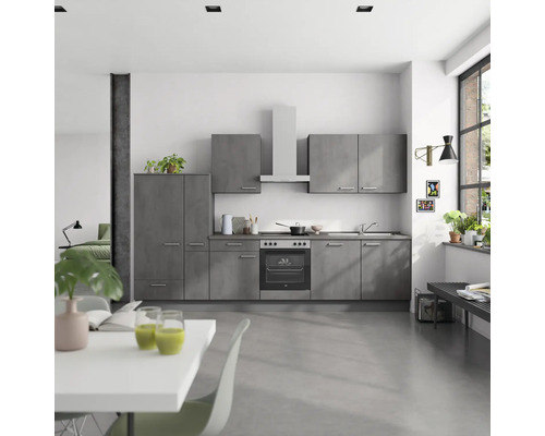 NOBILIA Küchenzeile mit Geräten Industrial 330 cm beton schiefergrau matt montiert Variante links