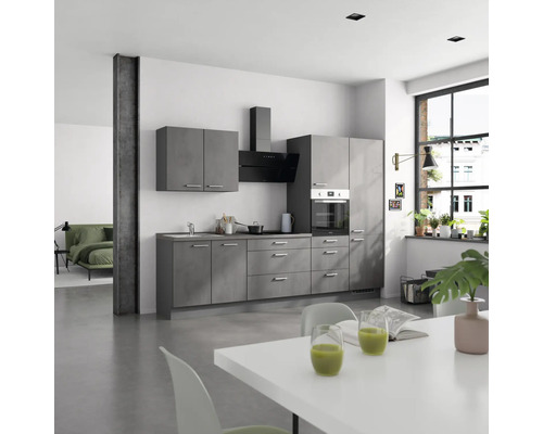 Moderne Küche in Grau mit Dunstabzugshaube und Esstisch