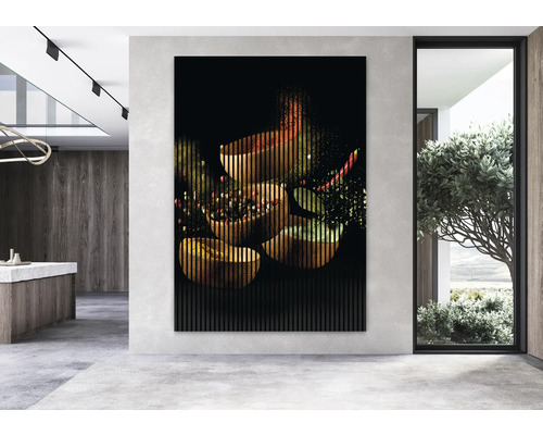 Dekoratives Wandbild mit Gewürzen in Schalen auf schwarzem Grund für Innenräume
