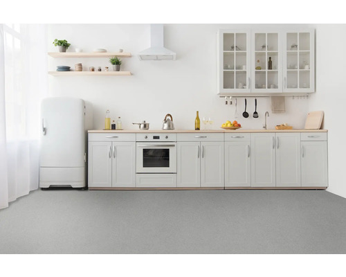 Cuisine claire avec cuisine intégrée, étagères et réfrigérateur rétro