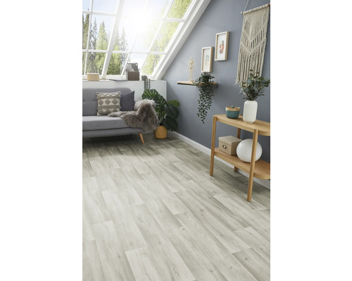 Pièce lumineuse avec sol stratifié, canapé, table et décorations sous une fenêtre de toit