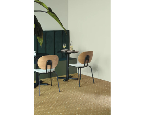 Scène avec deux chaises à une table et un coin salon vert