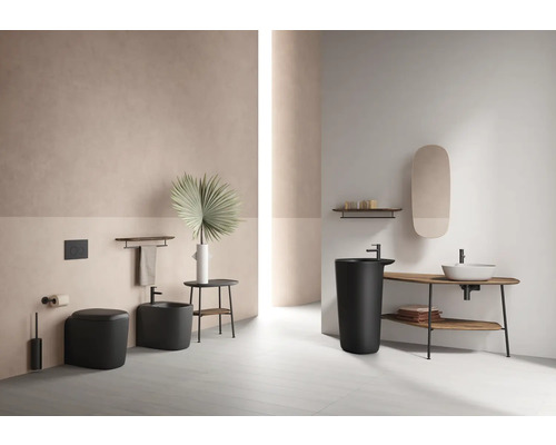 Modernes Badezimmer mit Toilette, Bidet, Waschtisch und Accessoires in stilvollem Design