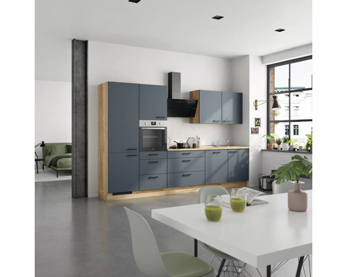 NOBILIA Küchenzeile mit Geräten Urban 330 cm fjordblau matt montiert Variante links