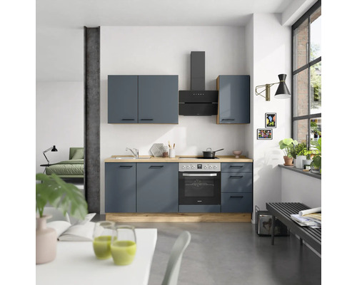 NOBILIA Küchenzeile mit Geräten Urban 210 cm fjordblau matt montiert Variante rechts