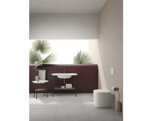 Badezimmer mit Waschbecken, Toilette und Ablageflächen in hellem und modernem Design