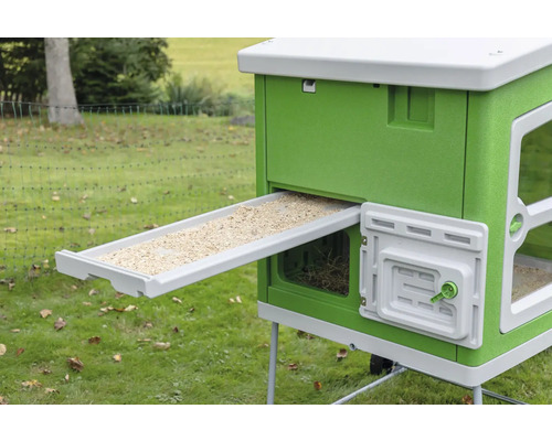 Grüner Hühnerstall mit herausgezogenem Futtertrog im Garten