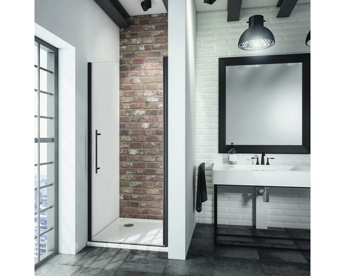 Porte de douche dans niche avec porte pivotante SCHULTE Alexa Style 2.0 ExpressPlus 90 cm couleur du profilé noir décor de vitre verre transparent avec verre antitache poignée barre Salle de bains avec douche, lavabo et miroir au design moderne