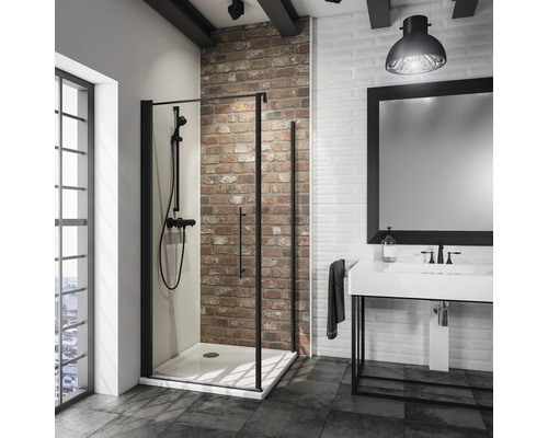 Duschtür mit Seitenwand mit SCHULTE Alexa Style 2.0 80 x 80 cm Profil schwarz Klarglas Schmutzabweisende Glasbeschichtung Reversibel