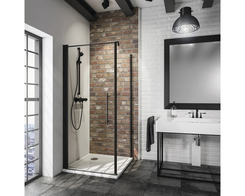 Porte de douche avec paroi latérale SCHULTE Alexa Style 2.0 ExpressPlus 80 x 80 cm couleur du profilé noir décor de vitre verre transparent avec verre antitache poignée barre