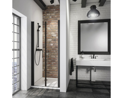 Porte de douche dans niche avec porte battante SCHULTE Alexa Style 2.0 ExpressPlus 90 cm couleur du profilé noir décor de vitre verre transparent avec verre antitache poignée barre Salle de bain moderne avec cabine de douche, lavabo et miroir