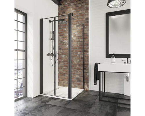 Porte de douche avec paroi latérale SCHULTE Alexa Style 2.0 80 x 80 cm couleur du profilé noir décor de vitre verre transparent avec verre antitache poignée barre