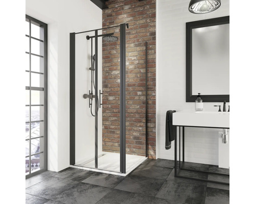 Porte de douche avec paroi latérale SCHULTE Alexa Style 2.0 Black Style ExpressPlus 90 x 90 cm couleur du profilé noir décor de vitre verre transparent avec verre antitache poignée barre Salle de bains avec douche, lavabo et miroir