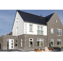 Ansicht eines modernen zweistöckigen Hauses mit grauen Ziegeln und weisser Fassade
