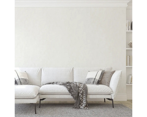 Wohnzimmer mit weißem Sofa, Kissen und Bücherregal