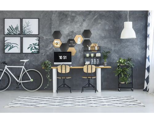 Aménagement d''un espace de travail avec bureau, chaises, plantes et éléments décoratifs dans un style moderne.