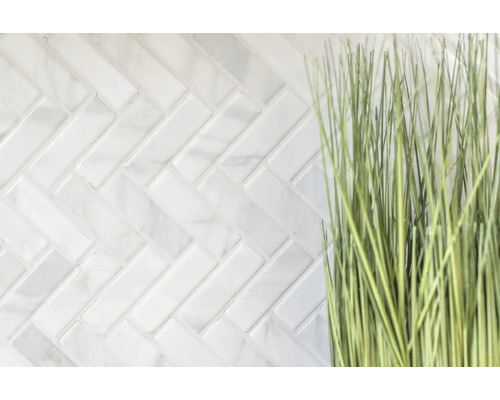 Detailaufnahme einer Wandfliese im Fischgrätmuster mit Ziergras