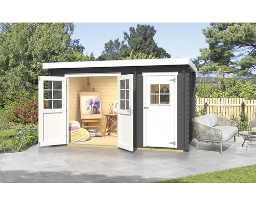 Abri de jardin weka 254 Taille 1 y compris plancher 390 x 246 cm gris graphite Abri de jardin avec portes doubles ouvertes et une porte simple avec fenêtre dans le jardin