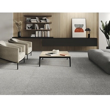 Salon avec sol en terrazzo, fauteuils, table basse et étagères