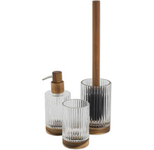 Badezimmer-Set mit Seifenspender, Zahnputzbecher und Toilettenbürstenhalter aus Glas und Holz