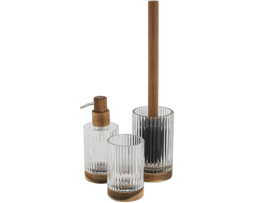Badezimmer-Set mit Seifenspender, Zahnputzbecher und Toilettenbürstenhalter aus Glas und Holz
