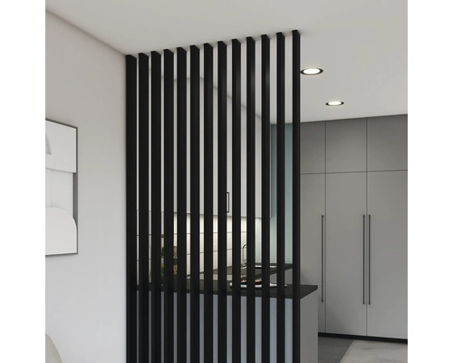 Raumteiler aus schwarzen Holzlatten in einem modern eingerichteten Raum