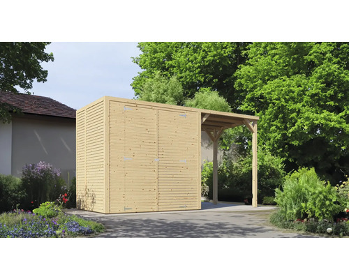 Holzgartenhaus mit integriertem Unterstand im Aussenbereich