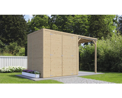 Holzgartenhaus mit Doppeltür und Vordach im Garten
