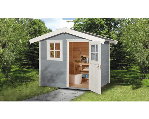 Gartenhaus weka 123 Gr. 2 inkl. Fußboden 306 x 274 cm grau Gartenhaus mit geöffneter Doppeltür und Fenster