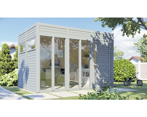 Modernes Gartenhaus mit Glasfront und Büroausstattung im Garten.